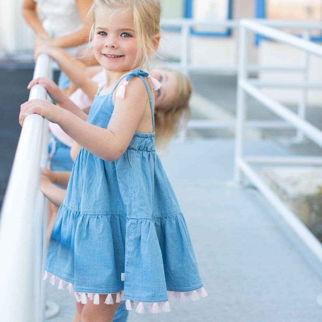 Chambray Swing Dress with Tassels