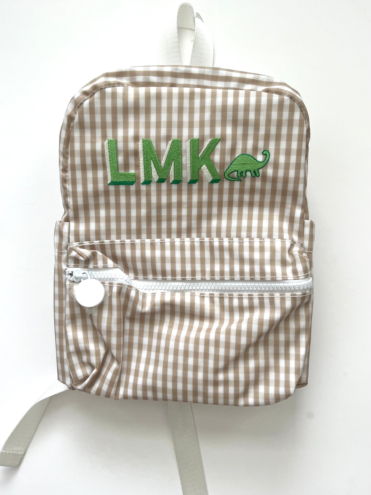 QT font with bright mint, kelly green and vanilla thread. Mini dinosaur motif.