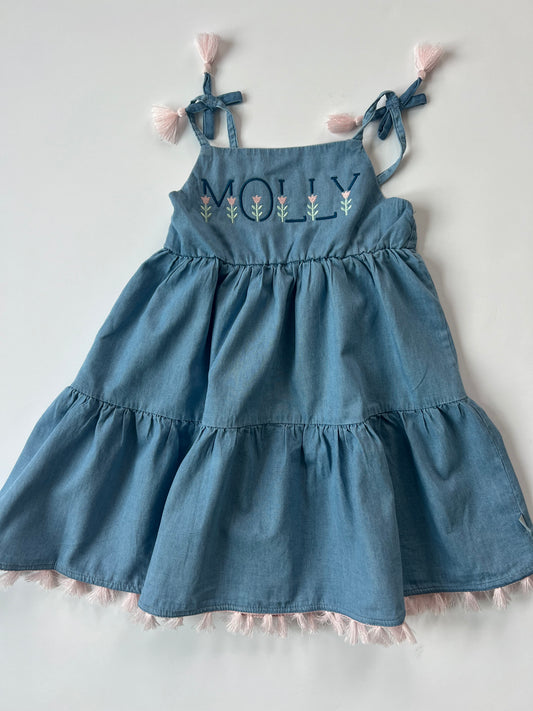 Chambray Swing Dress with Tassels