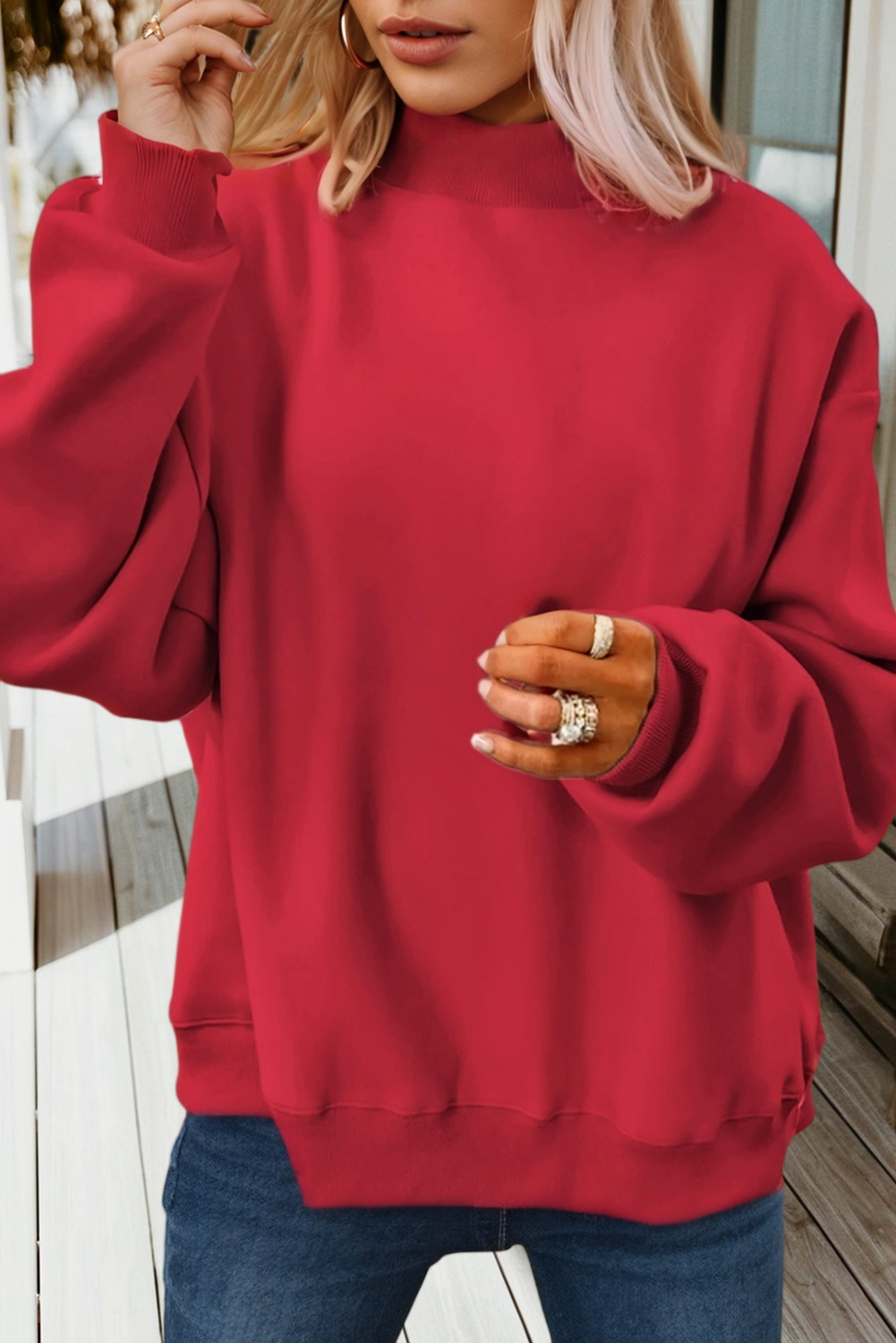 66DISCO - 66Love Solid Oversize Reversible Mock Neck Sweatshirt (S-XL): White / Missy / S