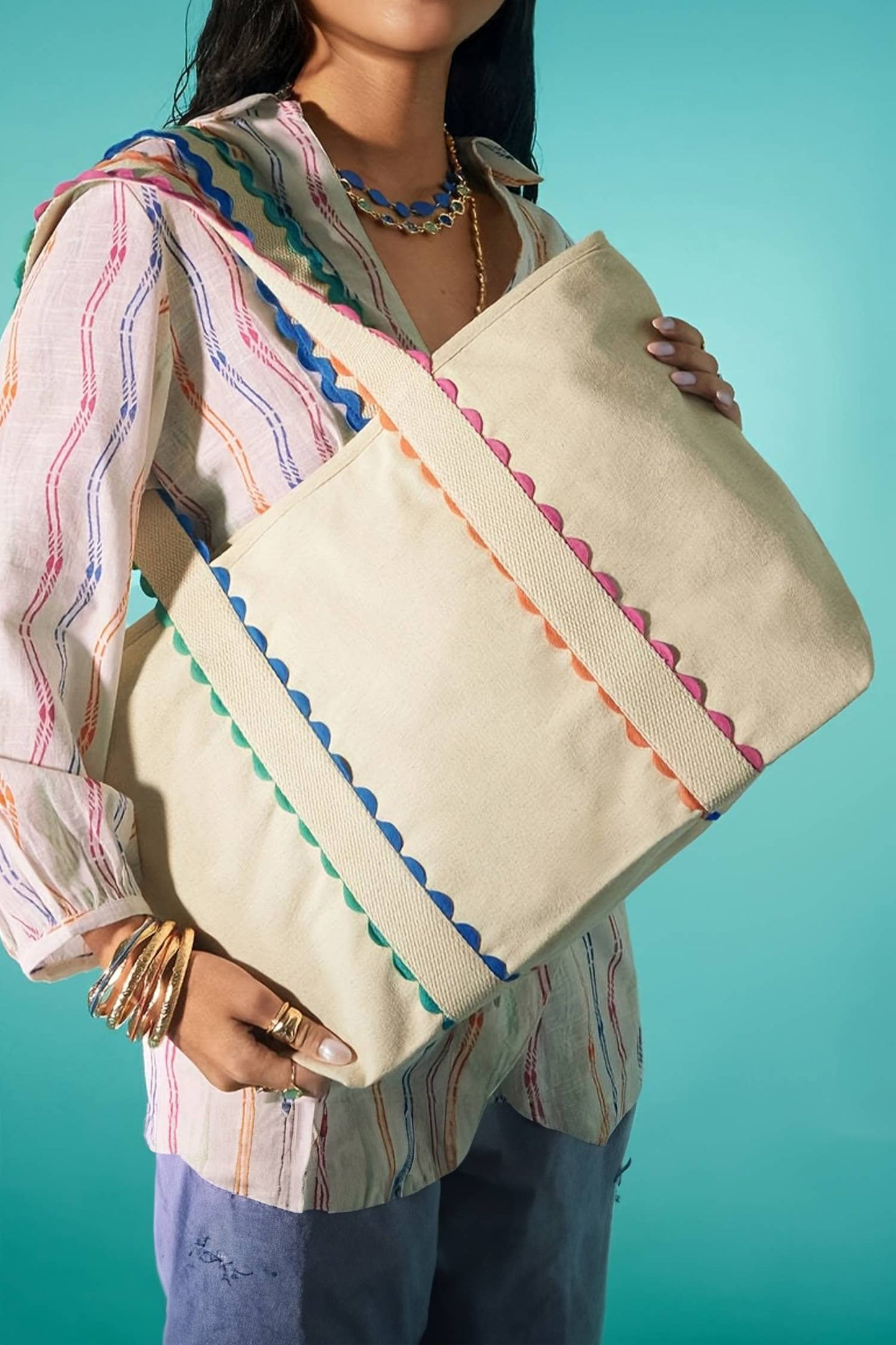 Colorful Ricrac Trimmed Canvas Tote Bag