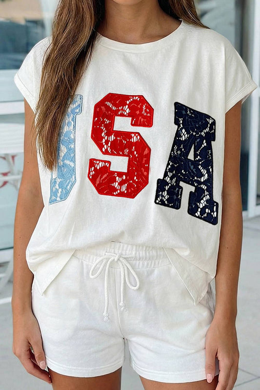 66DISCO - USA Color Block Letter Printed Dolman Tee: White / Missy / S