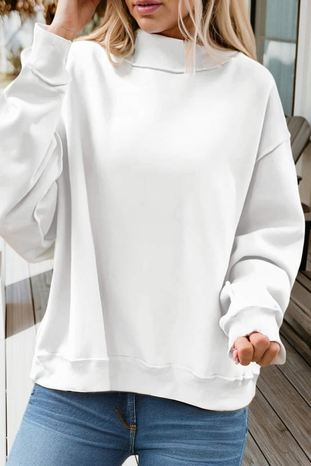 66DISCO - 66Love Solid Oversize Reversible Mock Neck Sweatshirt (S-XL): White / Missy / S