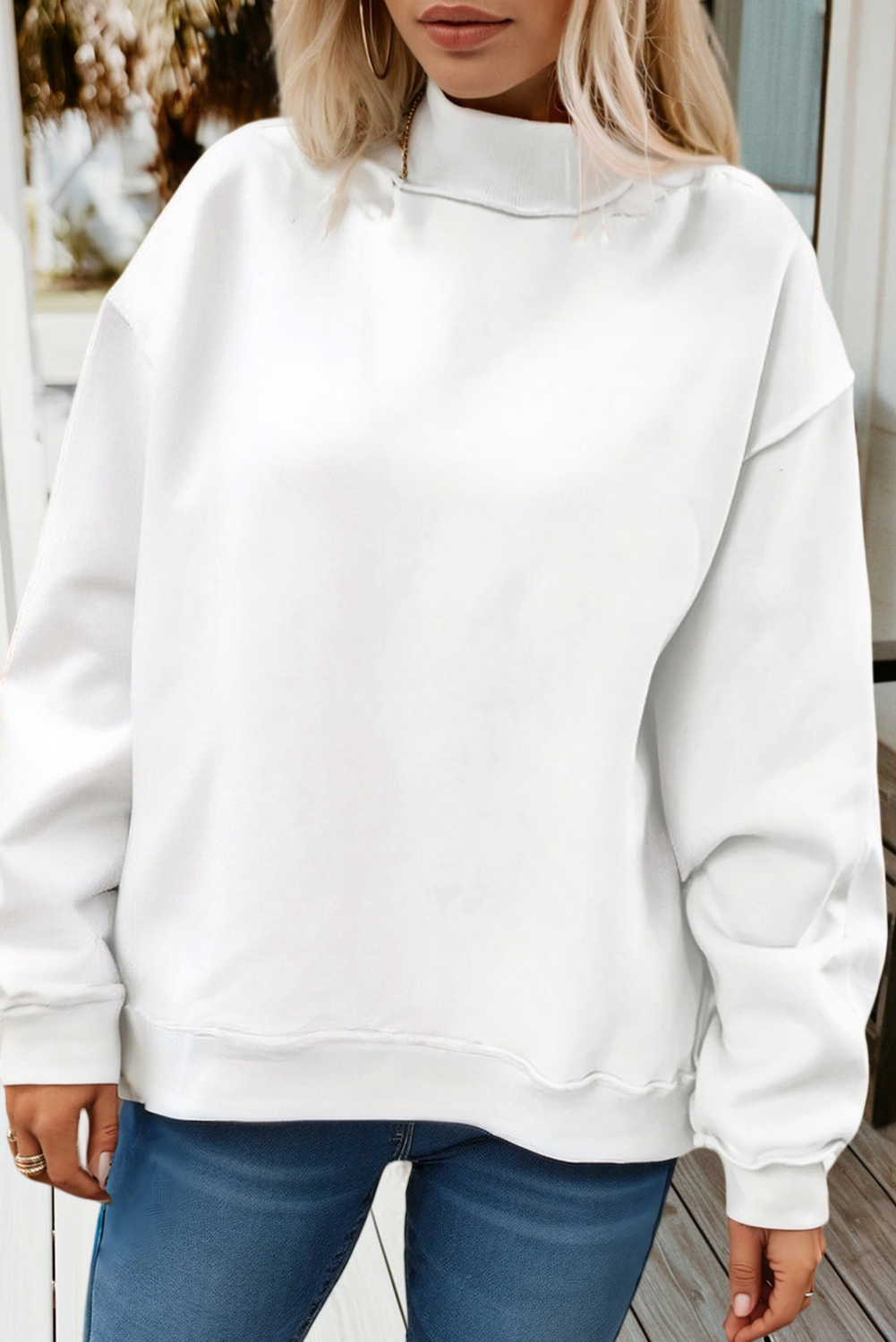 66DISCO - 66Love Solid Oversize Reversible Mock Neck Sweatshirt (S-XL): White / Missy / S