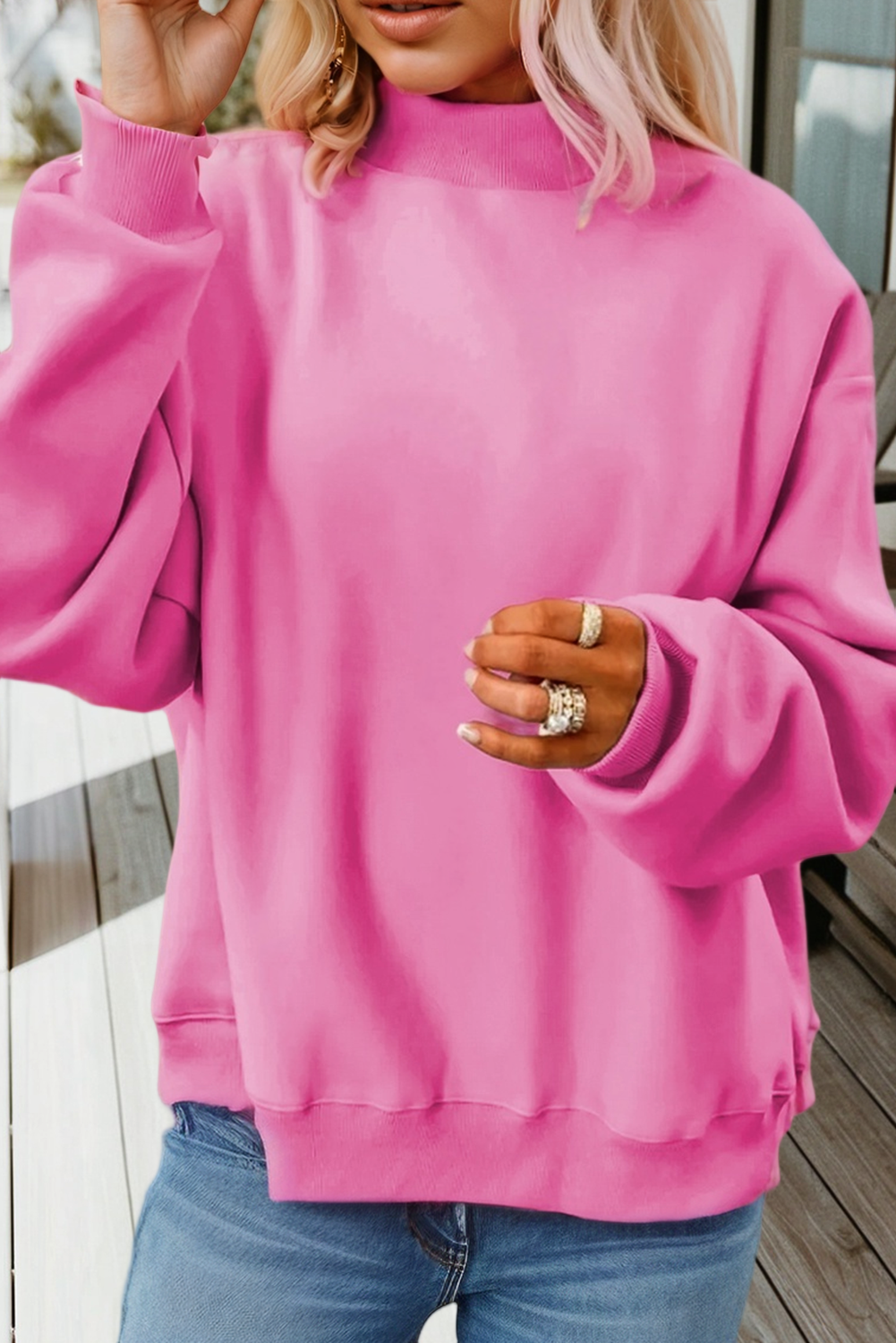 66DISCO - 66Love Solid Oversize Reversible Mock Neck Sweatshirt (S-XL): White / Missy / S